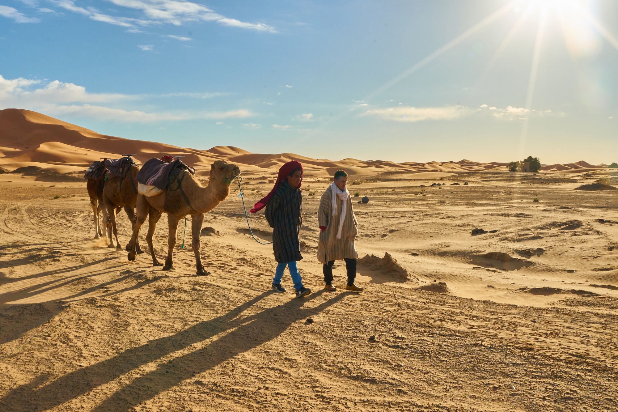 Marrakesh, Morocco - 31 December 2017: Camels and people going in desert